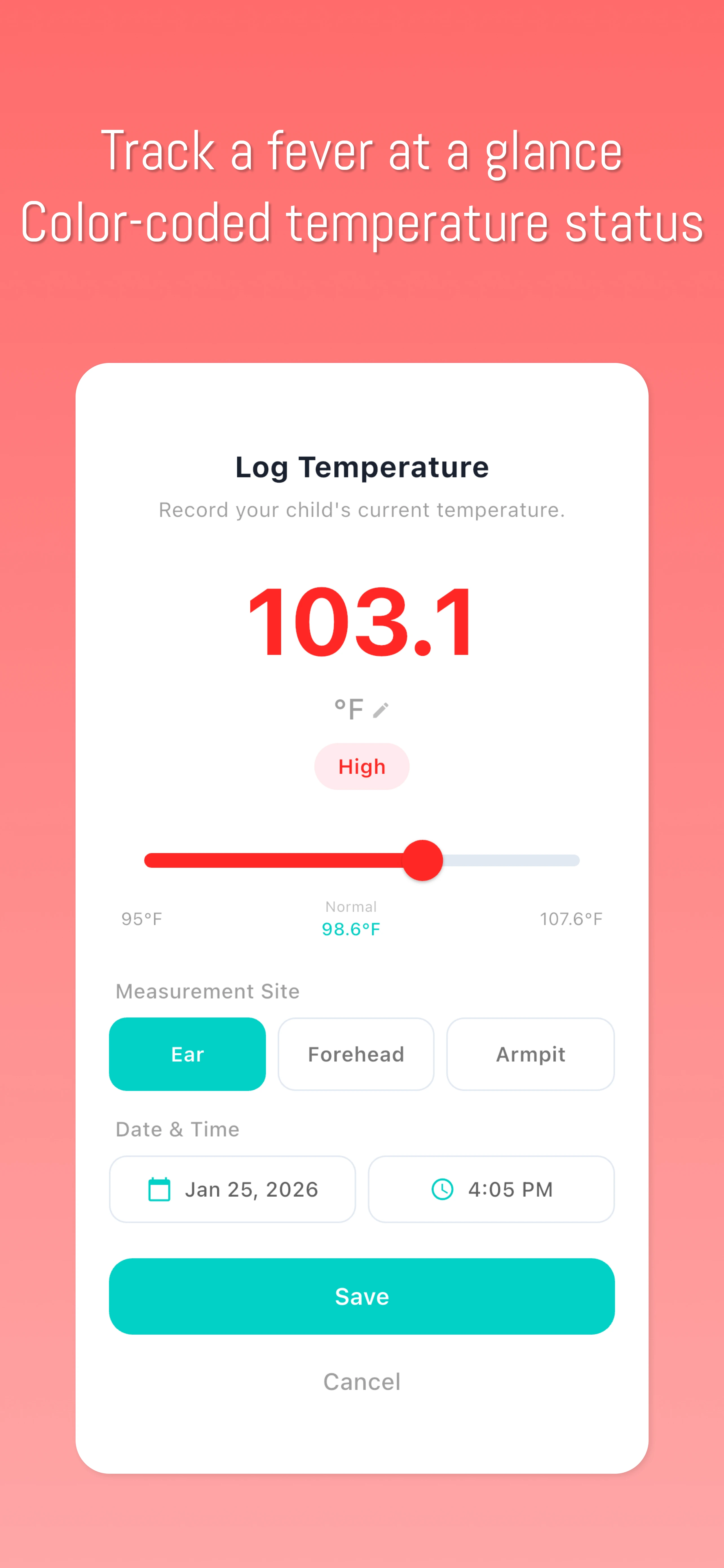 Tempy — Log Temperature with color-coded slider