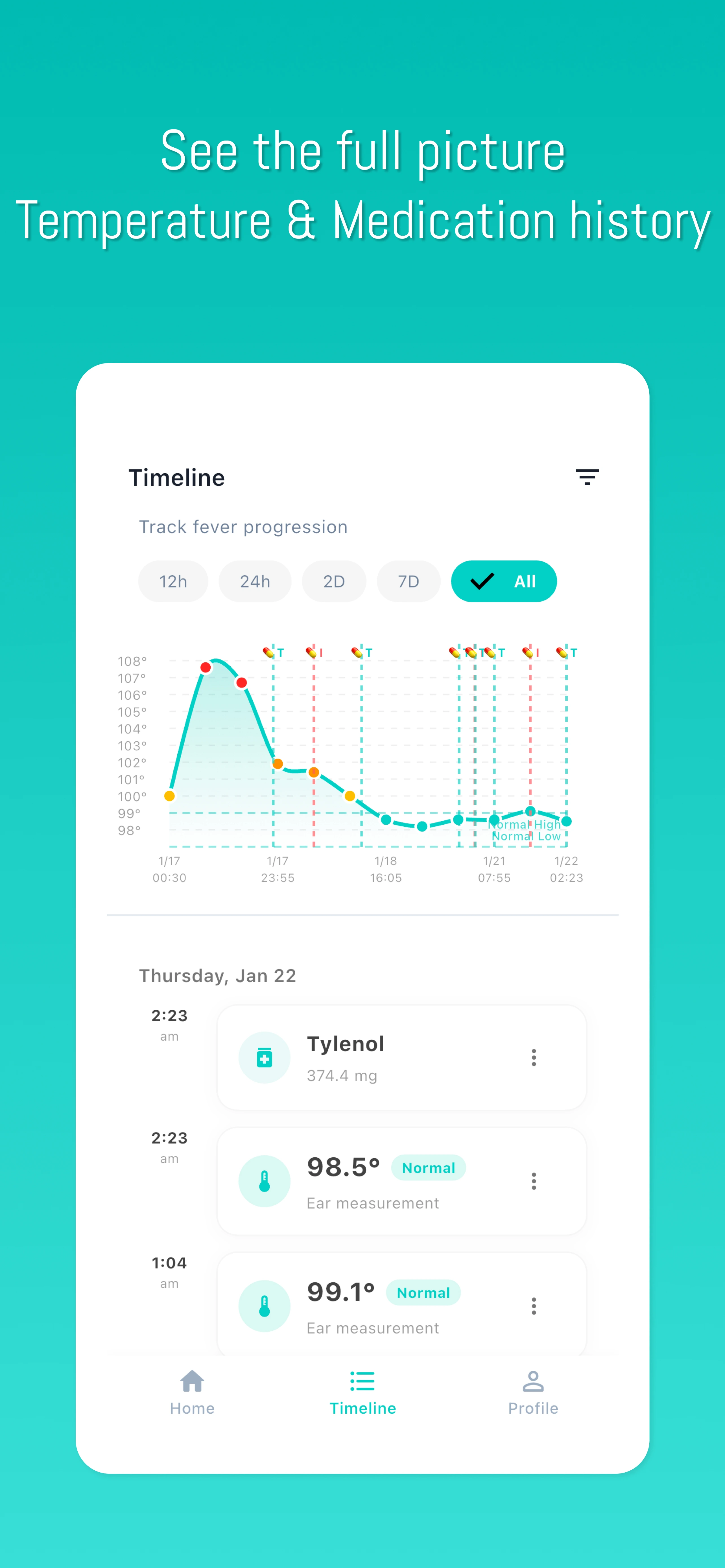 Tempy — Timeline with temperature charts and medication history